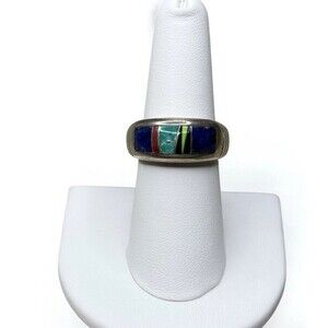 Vintage Calvin Begay Chunky Multi Stone Inlay Size 8 1/4 Sterling Ring